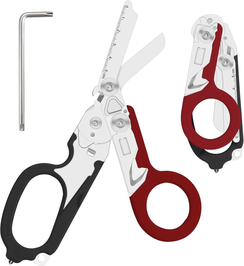 Lemasa 6 in 1 Multifunctional Combination Tool, Folding Retractable Emergency Shears, Outdoor Camping Tools, Seat Belt Cutter, Oxygen Cylinder Wrench, Complimentary Adjustable Wrench (dark red) - Image 1